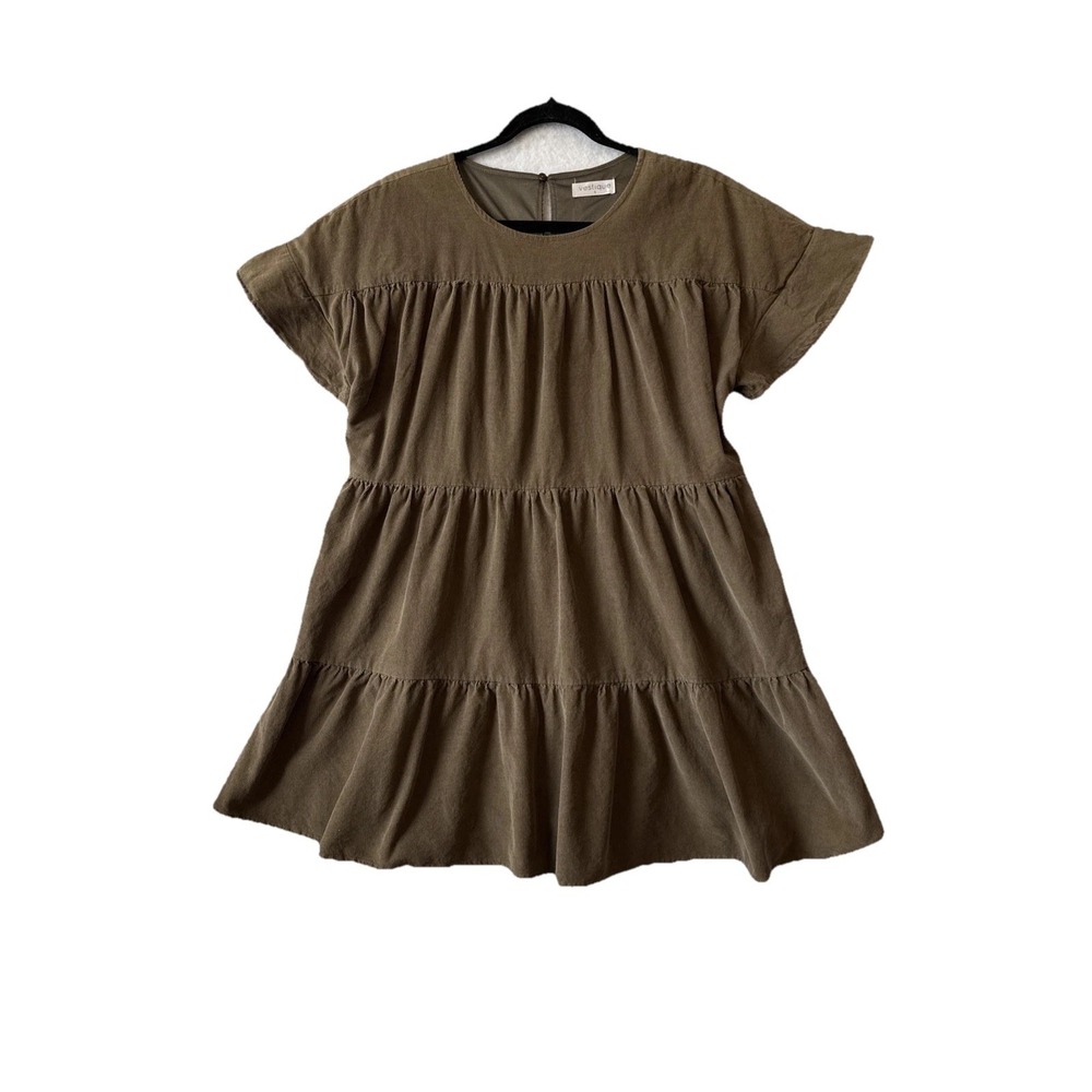 Vestique Brown Tiered Corduroy Ruffle Mini Dress S Boho Cottage Western Romantic